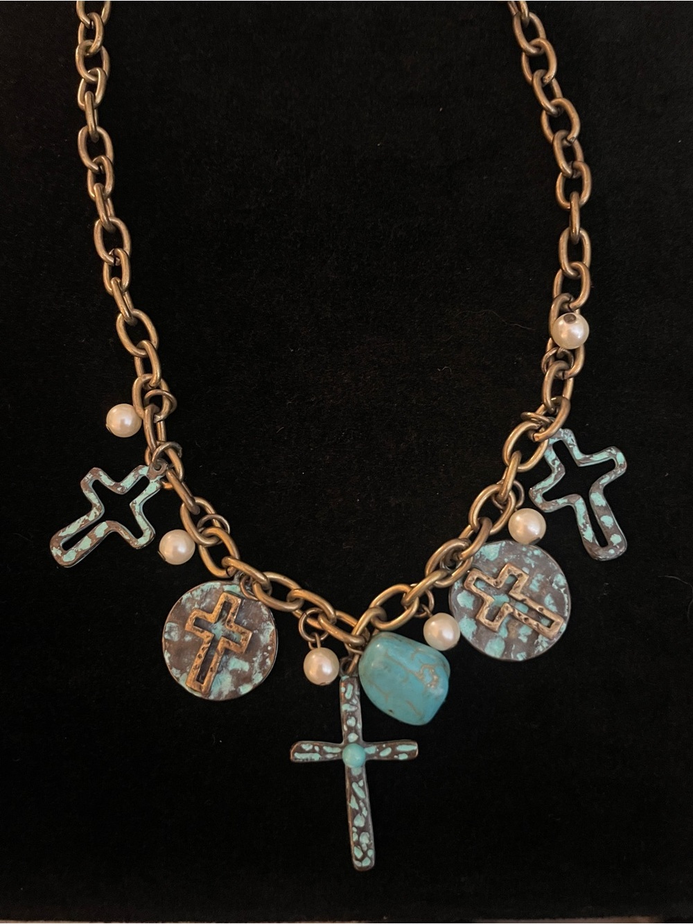 Turquoise Cross Charm Necklace, gorgeous vibrant color!